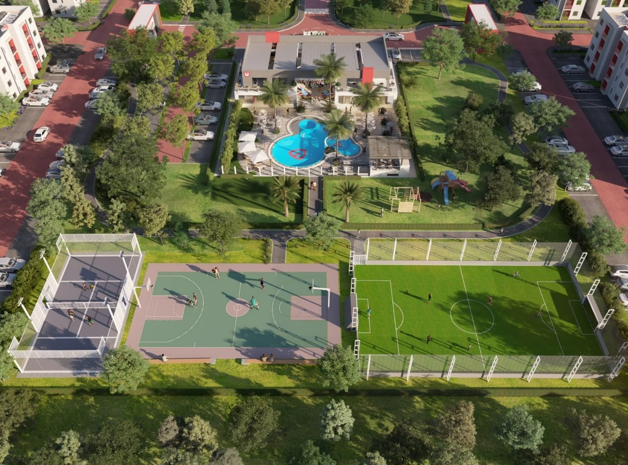 Rendering of the planned pool, courts and playground in Alárò City