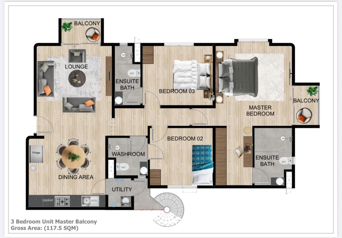 Floor plan of a three-bedroom unit, 117.5 square metres